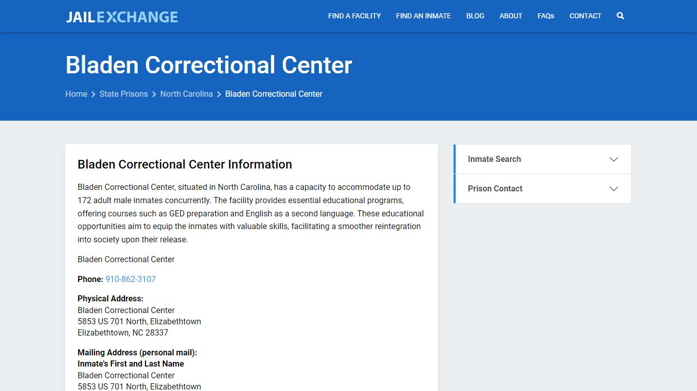 Bladen Correctional Center Inmate Search, NC - Jail Exchange